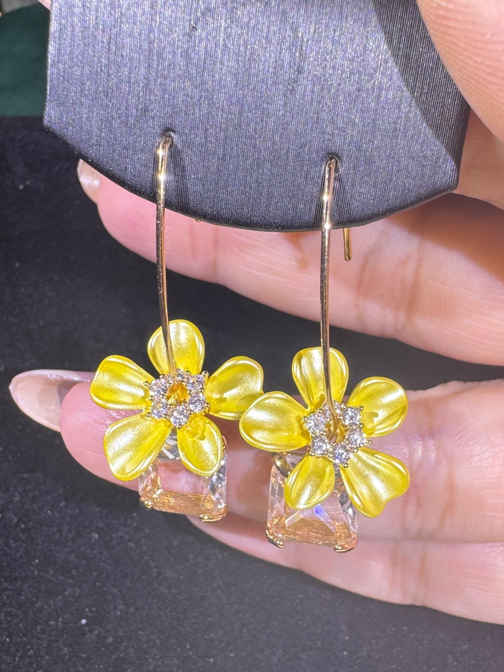 Yellow Flower Champagne Crystal Drop Earrings